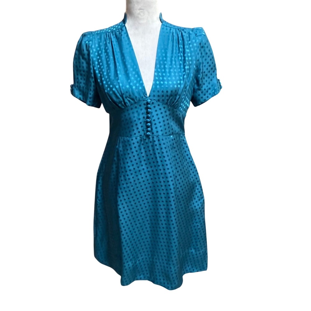 Banana Republic Silk Polka Dot Dress Teal Blue 4P Jacquard Retro Pinup 40s Party